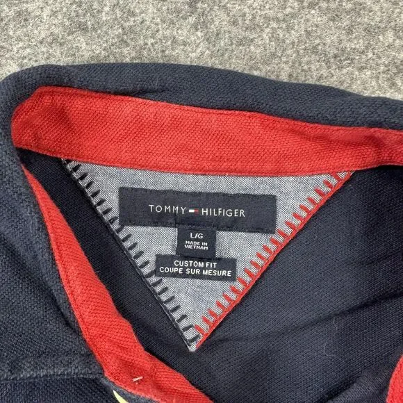 Tommy Hilfiger Polo Shirt Mens Large Navy Red White Colorblock Custom Fit Pocket - Picture 3 of 8